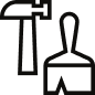 Schwarzes Symbol, das einen Hammer und einen gekreuzten Pinsel darstellt und Werkzeuge symbolisiert, die üblicherweise für Bau-, Reparatur- und Heimwerkerprojekte oder spezialisierte Dienstleistungen wie Brandschutz Dorsten verwendet werden.